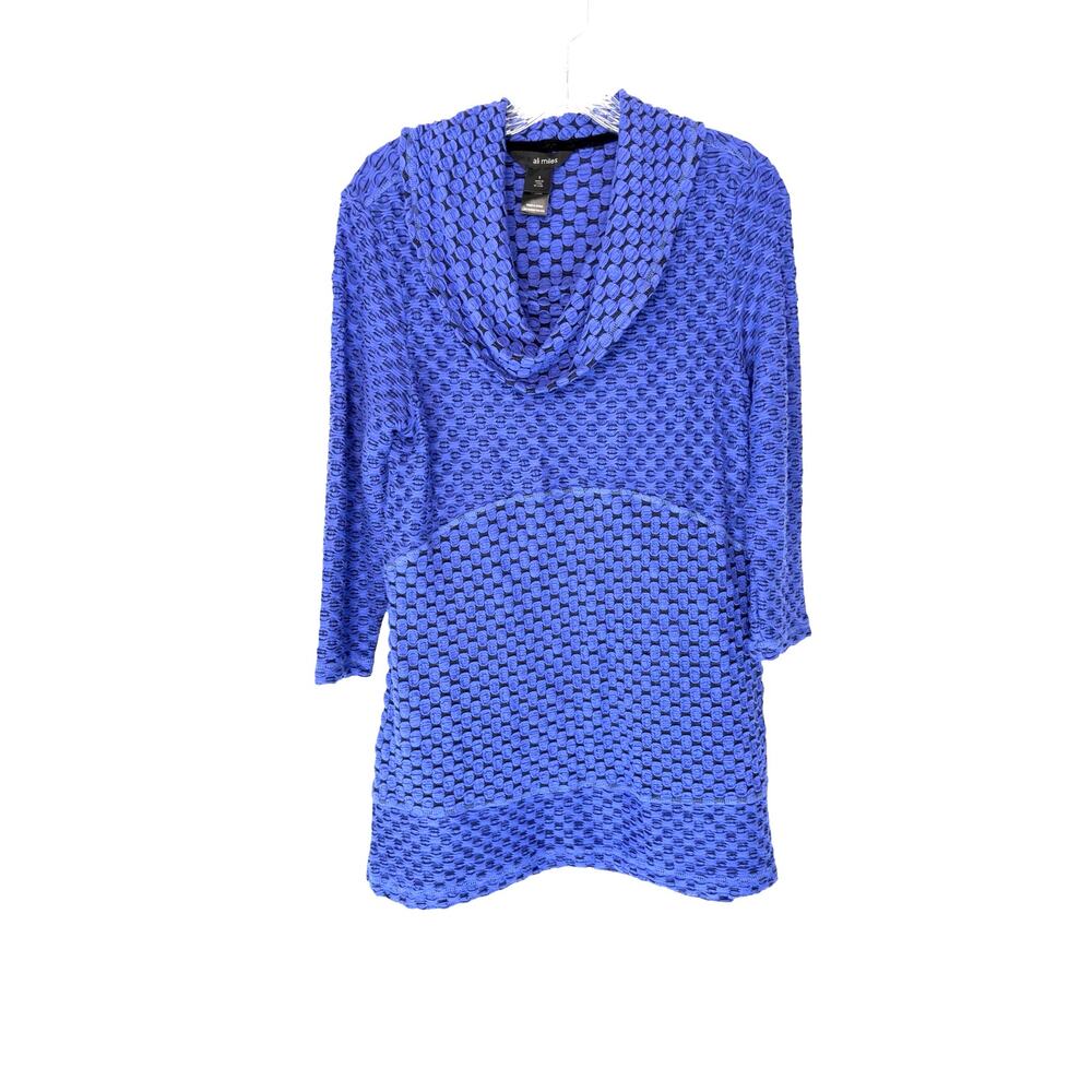 Ali‎ Miles Top Blue Black Lagenlook Relaxed Stretch Cowl Neck 3/4 Sleeve Small